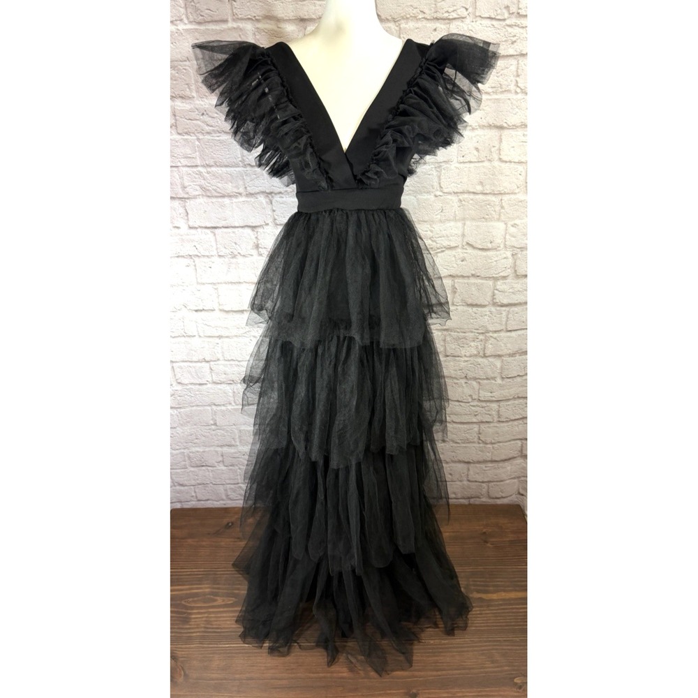 FAERIESTY Dress XS Black Tulle Tiered Ruffle Gown Maxi Whimsigoth Witchy Fairy
